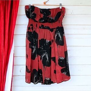 Kimchi Blue Chiffon Strapless Smocked Poppy Print Red Floral Party Dress Bandeau